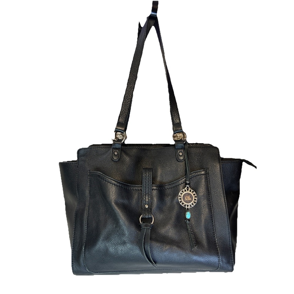 The Sak Black Pebbled Leather Tote Hand‎ Bag Double Handle Purse Turquoise Tag